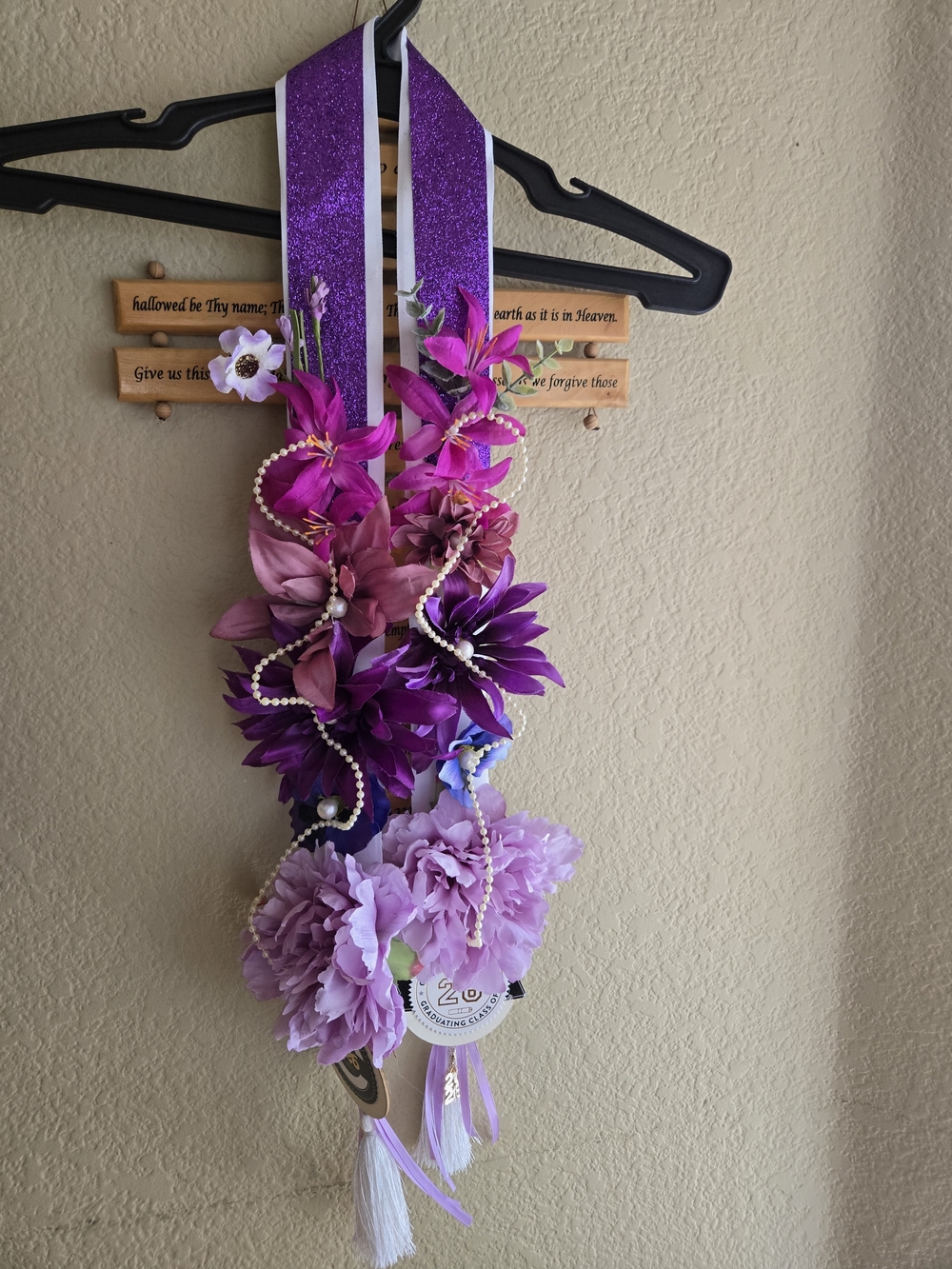 Hand Crafted Purple & Pink Floral Lei with Pearls and Tassels